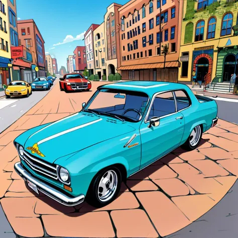 cartoon of a blue car parked on a city street