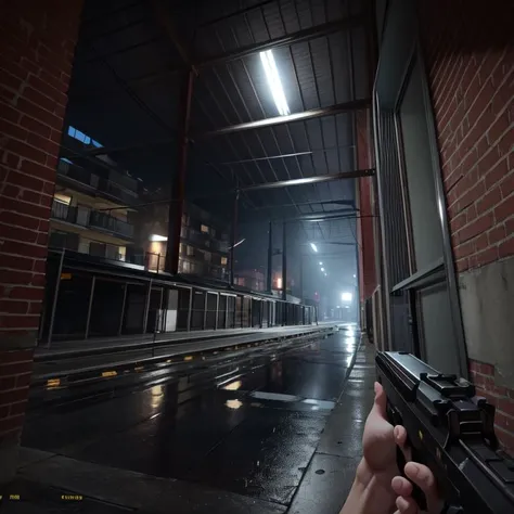 a person holding a gun in a dark alley with a building in the background