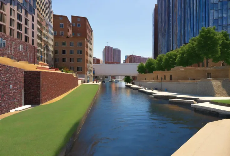 there is a small river running through a city with tall buildings