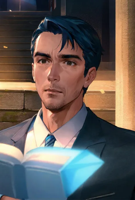 a close up of a man in a suit holding a book