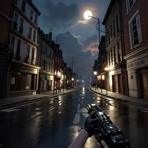 a person holding a gun on a city street at night