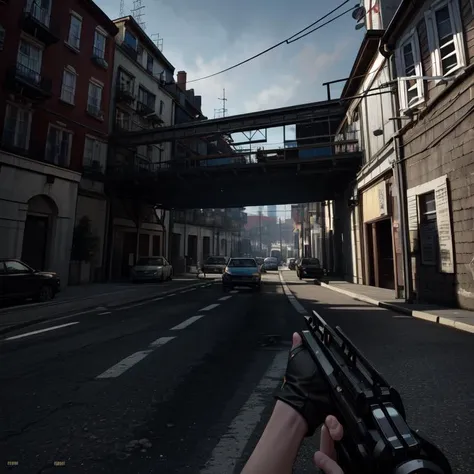 a person holding a gun in a city street with buildings