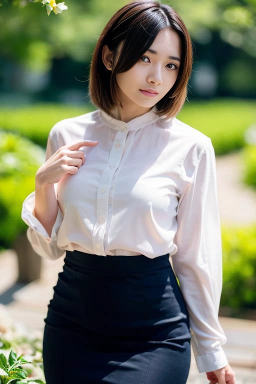 1girl,(wearing a blouse and pencil skirt:1.2),(RAW photo, best quality), (realistic, photo-realistic:1.4), masterpiece, an extremely delicate and beautiful, extremely detailed, 2k wallpaper, Amazing, finely detail, extremely detailed CG unity 8k wallpaper,...