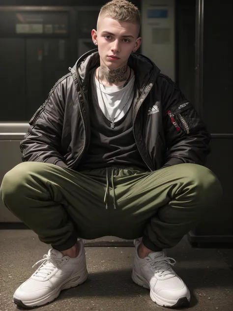 arafed man in a black jacket and green pants squatting on the ground