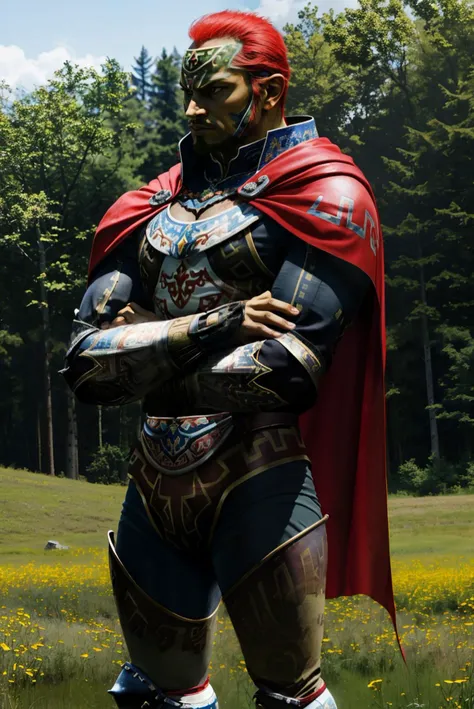 hdr, a candid photo of OoT_Ganondorf_Zelda, green skin, red cape, wearing armor, arms crossed, looking at viewer, angry, outside, sunny, field, natural lighting, jazzy colors, dramatic ambiance,  <lora:OoT_Ganondorf_Zelda:.8>