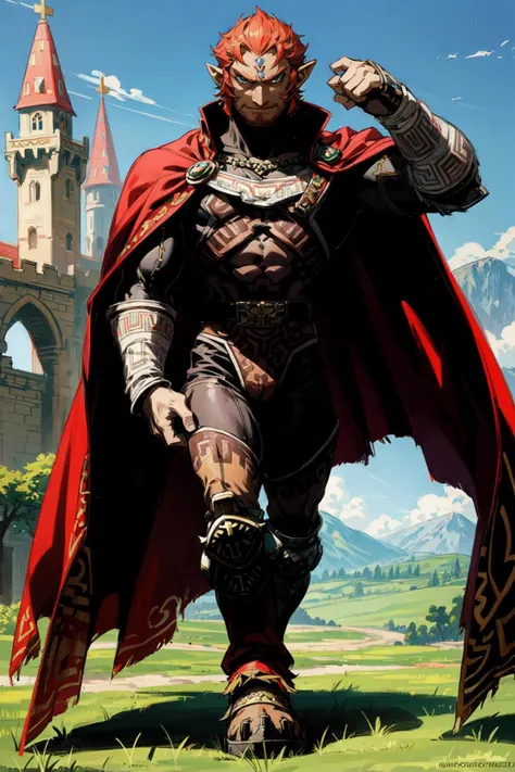 thick outlines, comics, photorealistic, masterpiece:1.2, 1man, solo, <lora:OoT_Ganondorf_Zelda_Anime:0.6>, OoT_Ganondorf_Zelda, cape, castle, medieval, detailed background, detailed face, detailed eyes, <lora:add_detail:0.7>