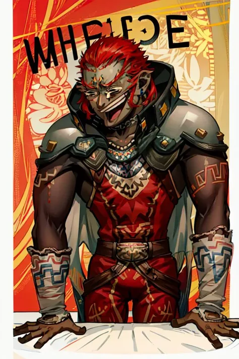 a poster of a man in armor with a sword and a red background