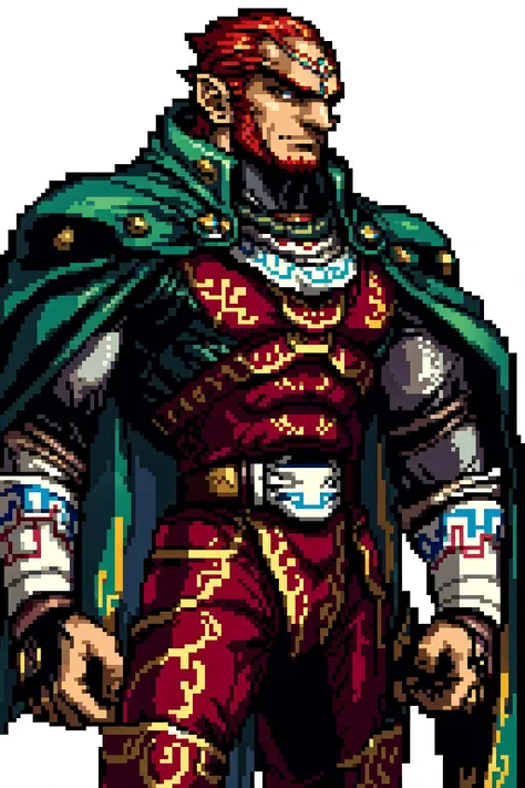 a pixel image of a man in a red outfit and green cape