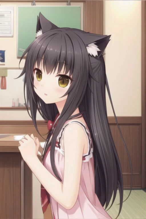 anime girl with long black hair and cat ears standing in front of a counter