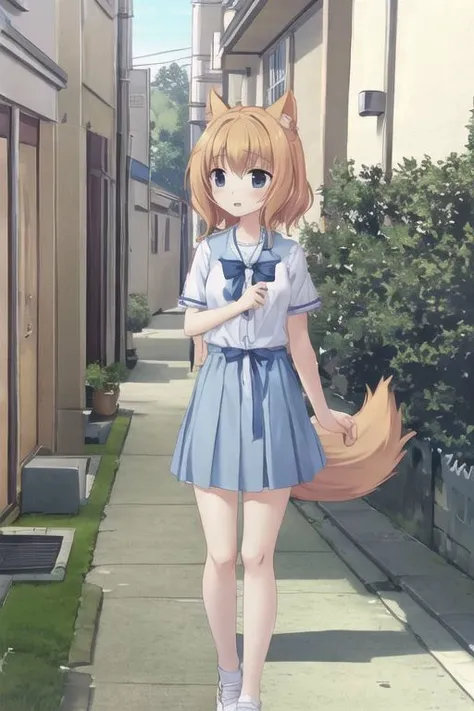 anime girl in a school uniform walking down a sidewalk