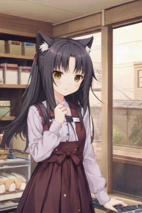 anime girl in a bakery with a cat ear and a cat tail