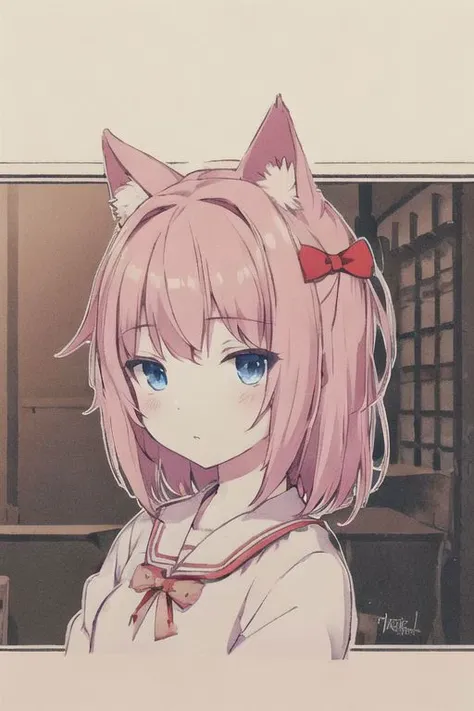 anime girl with pink hair and blue eyes wearing a cat ear