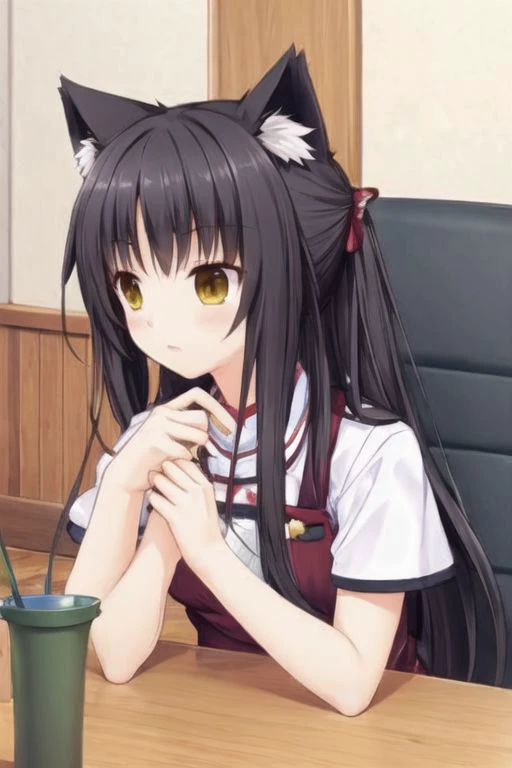 anime girl sitting at a table with a cup of coffee