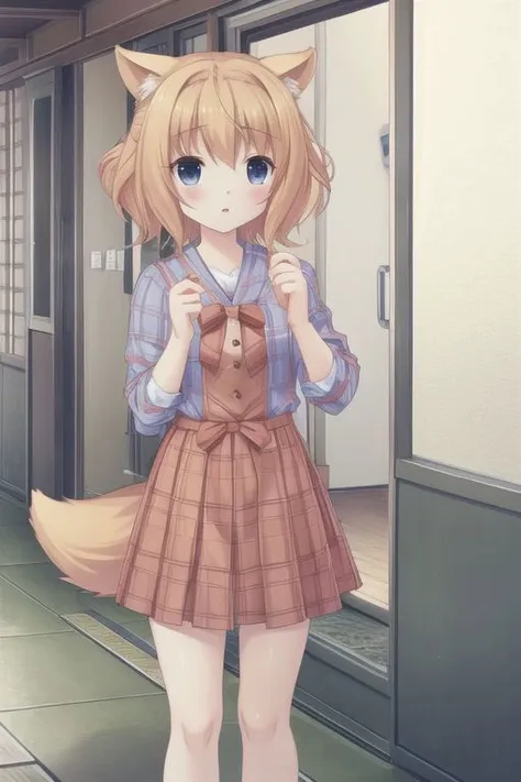 anime girl in a school uniform standing in a hallway