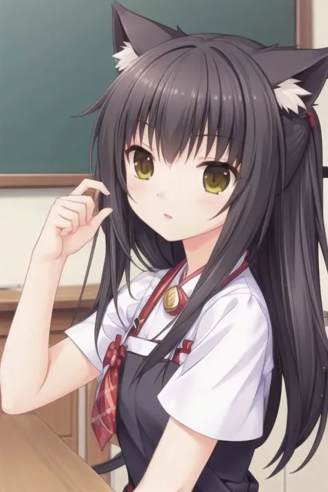 anime girl with long black hair and cat ears sitting at a desk