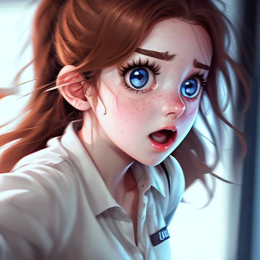 anime girl with red hair and blue eyes looking at something