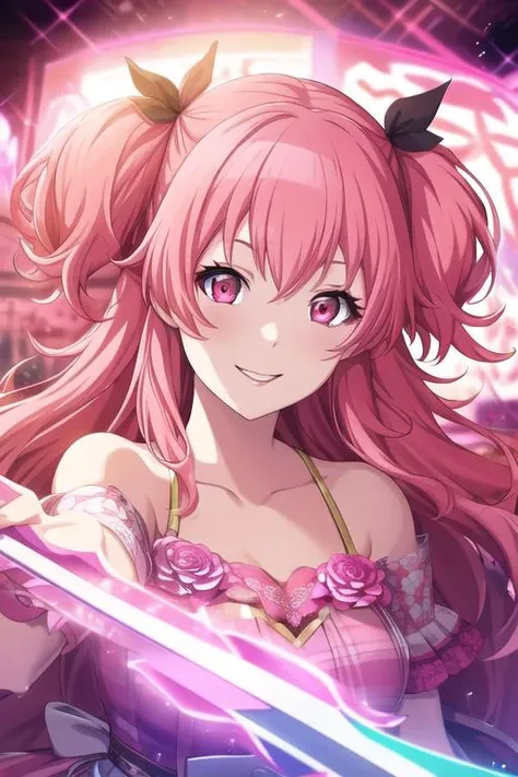 (incredibly detailed:0.95), <lora:MomoiAiri:0.71>, momoai, 1girl, pink hair, two side up, pink eyes, long glow hair, extremely vivid hair, (fang:0.3), (hires:1.2), (flower battleground:0.91), collarbone, eyeshadow, masterpiece, best quality, looking at vie...