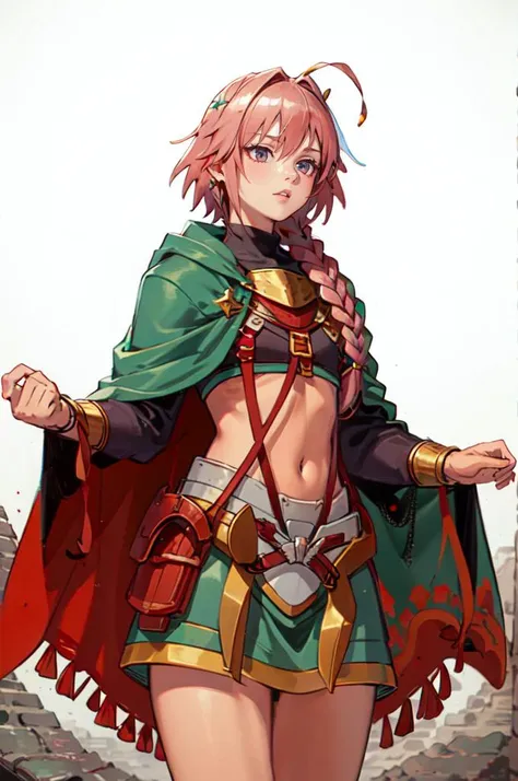 <lora:MayanClothes:0.8> mayan clothes, cowboy shot,  <lora:AstolfoFate:0.5> astarmor, single braid, long braid, cape,, absurdres, ultra detailed, masterpiece, best quality, aesthetic, detailed,