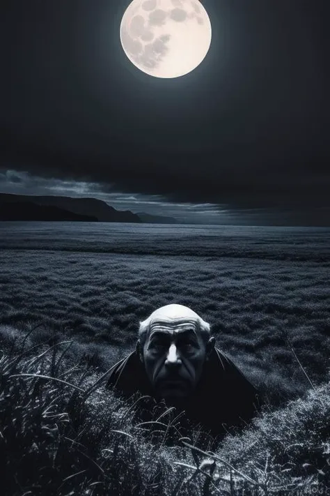 a man laying in a field under a full moon