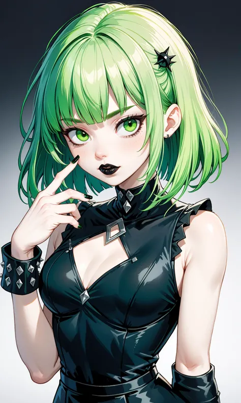 Punk chick, fully body, green hair, bangs hairstyle, pale skin, high detail, highly detailed, digital painting, blank background, black fingernails on fingers, black lipstick