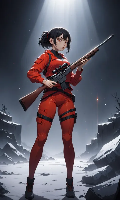 girl with red outfit and holding a sniper rifle. cinematic lighting, dramatic atmosphere, by Dustin Nguyen, Akihiko Yoshida, Greg Tocchini, Greg Rutkowski, Cliff Chiang, 4k resolution, trending on artstation