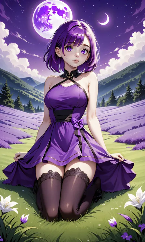 purple theme, purple dress, pale skin, purple hair, hair over eye, purple eyes, thighhighs, purple grass, hill, purple moon, purple atmosphere