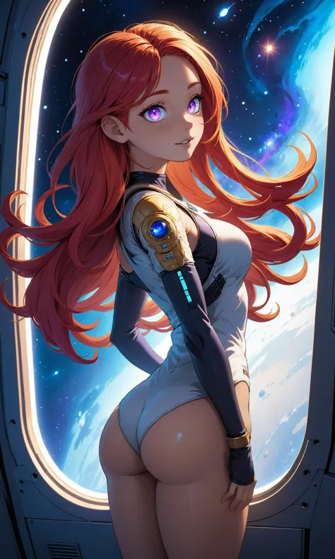 masterpiece,best quality,Cell shaded illustration. Petite female astronaut with very long glowing light red hair,hair floating in zero gravity,floating in the window of her space station looking at a vibrant,blue and violet nebula,Shoulders back. perfect f...