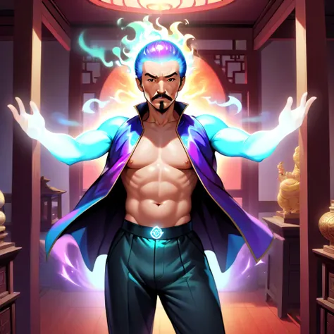 Fully body shot of middle aged man with fu manchu mustache and goatee. 
(He has a wizardly air about him, and a prismatic aura surrounds his head. The air around him shimmers with hidden mysteries of magic. )

His arms and torso have a rich silk jacket cov...