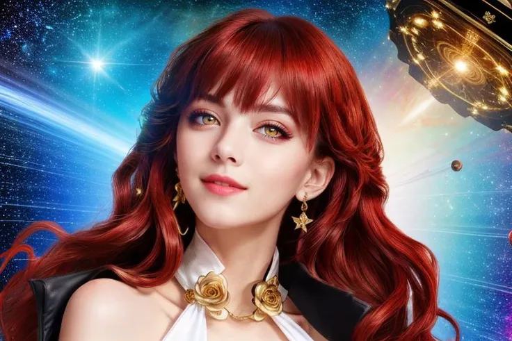 a woman with red hair and a white top is posing in front of a space background