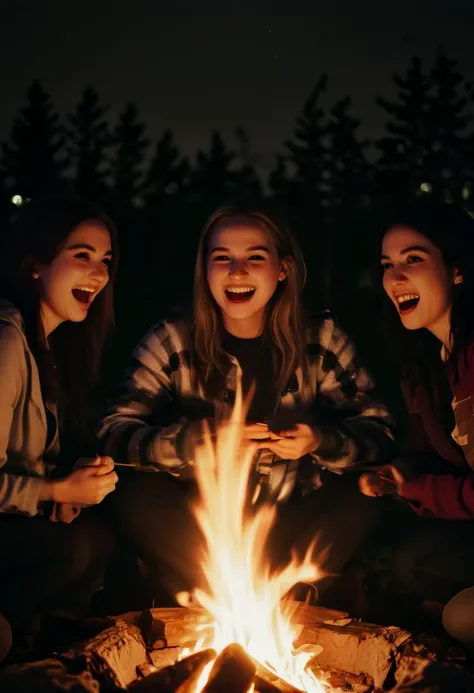 A candid photo of a group of friends laughing together around a campfire at night, capturing the warmth of the firelight on their faces and the genuine happiness of shared moments.,