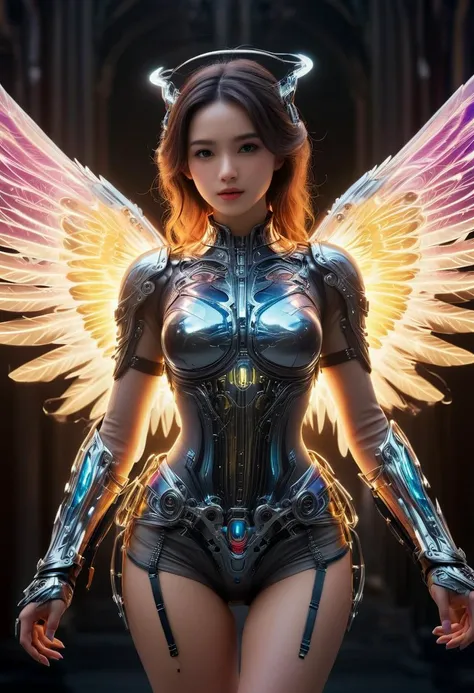 (best quality, masterpiece, colorful, dynamic angle, highest detailed)upper body photo, full body photo, fashion photography of cute mechangel, glowing 4 wings, solo, glowing armor, glowing halo, building, glowing mechanical 4 wings (intricate details, hyp...