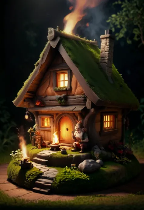 a nightly minimalistic 3D render of a isometric troll house made of amanitas and moss and old dark wood,  tiny gnome sitting outside smoking long pipe,  warm orange lighting,  intricate,  fantastical,  myserious,  volumetric lighting,  cinematic,  glisteni...