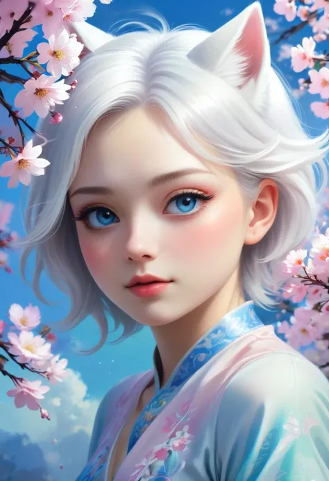 james jean, floating white fox figure made of sakura cherry blossom leaf, smoke, in the sky, colorful and vibrant, mystical colors, contemporary impressionism, yanjun cheng portrait painting, iridescent painting, 3/4 perspective view, cute face, low angle,...