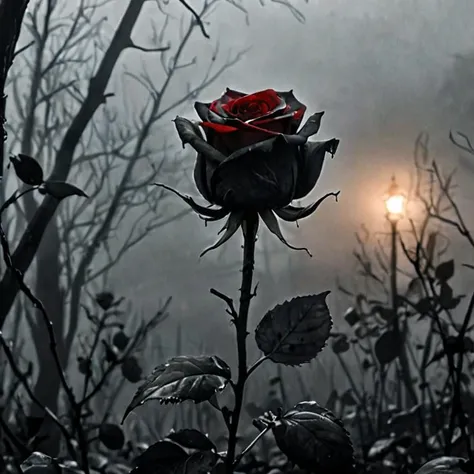 Horror-themed fairy tale in darkness
wonderful black rose in the mist of sundown 
only rose is red, rest is black and white  . Eerie, unsettling, dark, spooky, suspenseful, grim, highly detailed