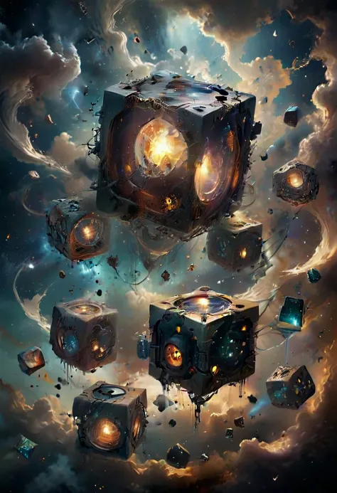 Bosch-style, a translucent cube traps eerie clouds, the starsscape warps, time distorts, surrealism reigns, stars, Glowing, sparkling