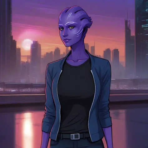 An asari woman wearing a modest dark top and jeans, violet skin, digital art, comic style, round warm face, white eyebrow markings, detailed cyberpunk city sunset background <lora:asari-v0.1:0.85>