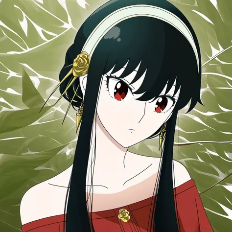 anime girl with long black hair and red eyes wearing a red dress