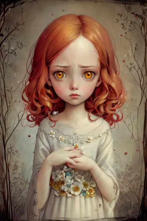 ((masterpiece)), (best quality), official art, in style of Nicoletta Ceccoli, 1girl, 
half down hair, orange hair, yelloweyes, With one hand lightly touching her chin, she looks upwards, lost in deep contemplation, Disheartened, 
 <lora:nceccoli3:1>