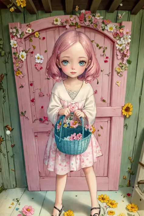 ((masterpiece)), (best quality), official art, in style of Nicoletta Ceccoli, 1girl, 
professional cut hair, pink hair, gradienteyes, Leaning against a rustic barn door, she holds a basket of freshly picked flowers, radiating rustic charm, Happiness, 
 <lo...