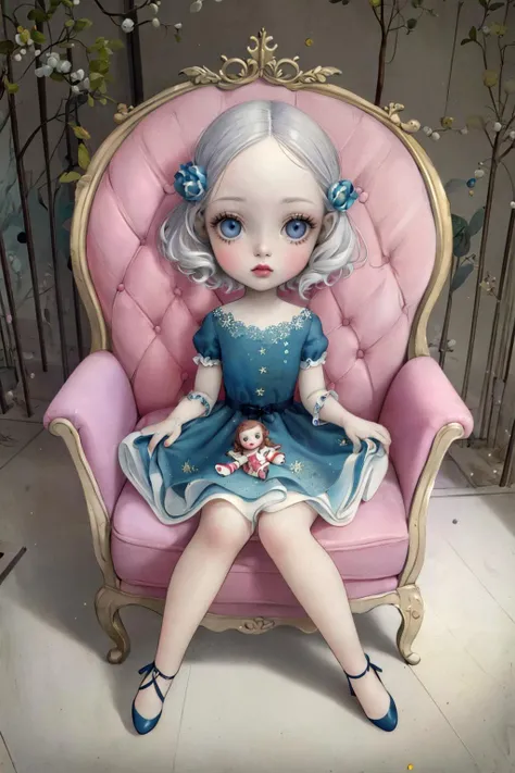 ((masterpiece)), (best quality), official art, in style of Nicoletta Ceccoli, 1girl, 
single hair bun, silver hair, starry printeyes, Seated on a velvet ottoman, she cradles a delicate porcelain doll, lost in her own whimsical world, Interest, 
 <lora:ncec...