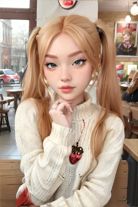 <lora:hairstyles-pigtail:0.5>, pigtail_hairstyle, beautiful woman wearing sweater, strawberry blonde hair, coffee shop interior || masterpiece, perfect quality, sharp focus, shallow depth of field, 8k