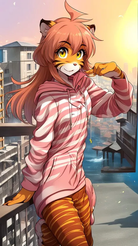 (masterpiece:1.4),(best quality:1.4),solo,city background,(Pink Hoodie:1.5),(Pants:1.5),Furry,Flora,Flat Chest,small breasts,Tiger girl,Striped fur,big detailed yellow eyes,brown orange hair,<lora:floratwokinds:0.7>,personal ami,highly detailed face,beauti...