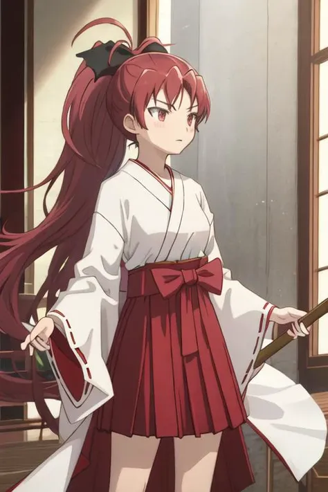 best quality, masterpiece, highres, solo, {white kimono:1.35}, {red hakama:1.35}, {wide sleeves:1.20}, {sakura_kyouko_puellamagimadokamagica:1.15}, red_hair, long_hair, ponytail, red_eyes, hair_bow, bow, magical_girl