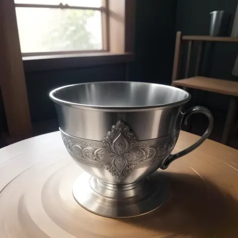 there is a silver cup sitting on a table in front of a window