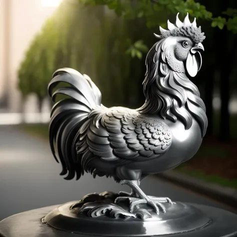 there is a silver rooster statue on a pedestal in the street