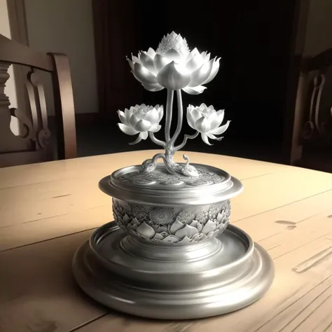 there is a silver vase with flowers on a wooden table