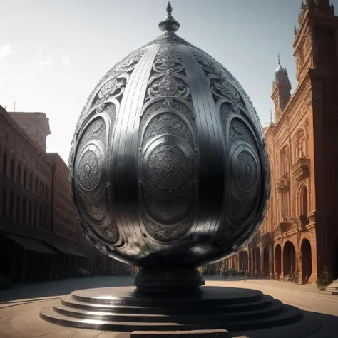 there is a large metal egg sculpture in a plaza with buildings in the background