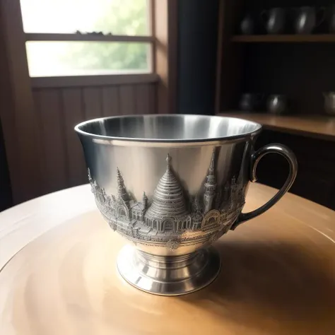 a close up of a silver cup on a table near a window