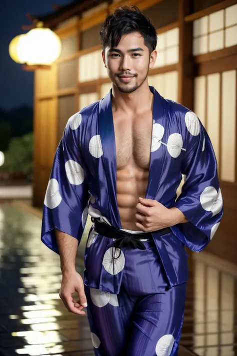 a gay man, sexy, muscular, strutting outdoors, gorgeous detailed eyes, detailed face, scruffy stubble, pouring rain, outdoors, (yukata outfit:1.5), (open clothes:1.5),  with bulge, bokeh, depth of field,
 <lora:bulgeJ8_concept-000004M:0.7>