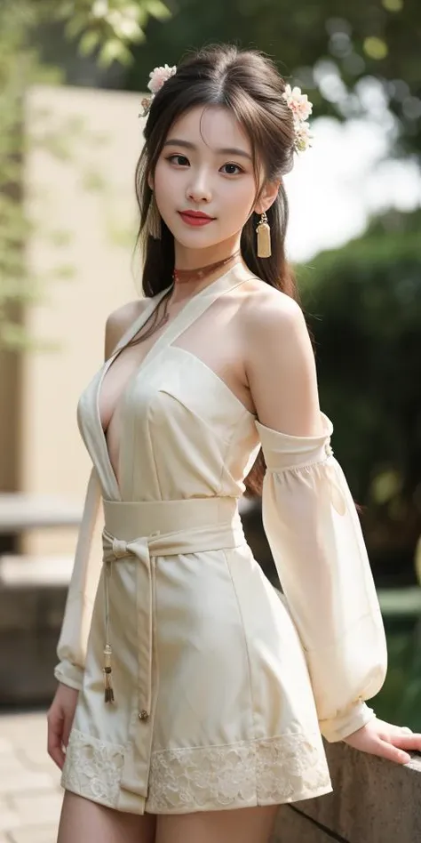 (looking at viewer,close in viewer,front view photo:1.8),cleavage,small breasts,(beauty hair,ostentatious hair accessories,gorgeous hair accessories,light smile:1.15),1girl,light smile,happy,((((upper body,real face photo,indoor background,background blur)...